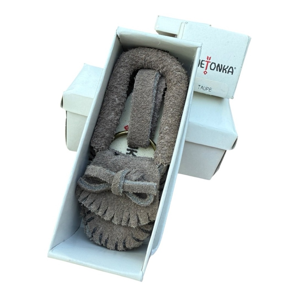 Minnetonka Suede Moccasin Keychain Key Ring Dark Grey Fringed Mini Shoe NIB